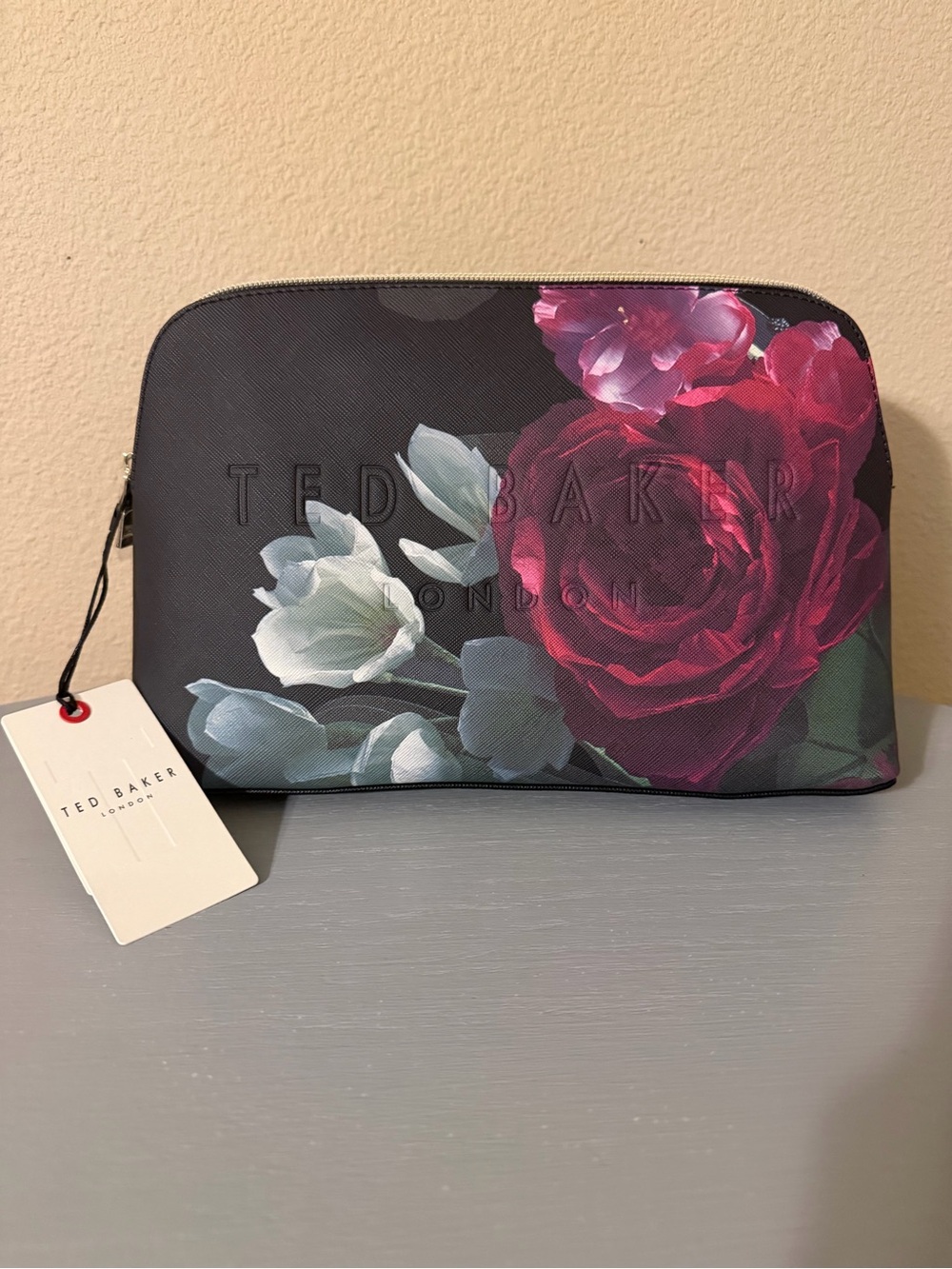 Ted Baker Black Cosmetic Pouch with Pink Rose Print
